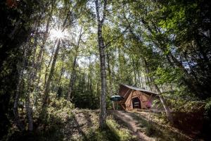 a wooden cabin in the middle of a forest at Huttopia Bozel en Vanoise in Bozel
