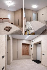 a bedroom with a large bed and a wooden door at ЖК Альфараби in Kokshetau