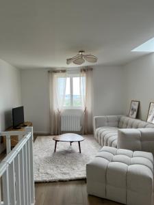 a living room with a couch and a table at Les Chantereines maison calme au cœur du vignoble champenois in Brugny-Vaudancourt