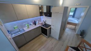 a small kitchen with a sink and a refrigerator at Dresdner Höhe in Dresden