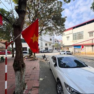 a white car parked next to a tree with a flag at Nhà Nghỉ Bình An in Kỳ Lừa