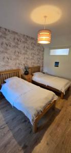 a bedroom with two beds and a pendant light at Cherrymount Cottage in Newcastle
