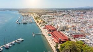 an aerial view of a harbor with boats in the water at Casa Opala Townhouse met Rooftop Pool in Olhão