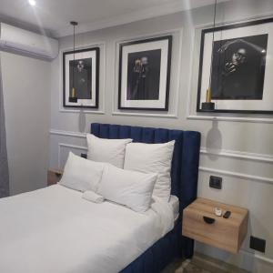 a bedroom with a blue bed with white pillows at Maison Akiba in Pretoria
