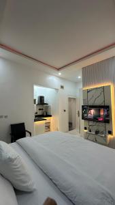 a bedroom with a large bed and a flat screen tv at TWR Abuja Partner #Blessing in Abuja
