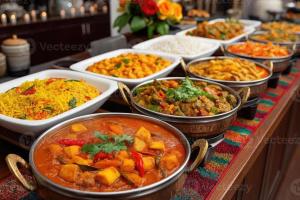 a buffet of different dishes of food on a table at HOTEL AMBASSADOR SUKHNA LaKE in Chandīgarh