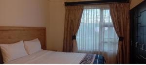 a bedroom with a bed and a window with curtains at Ayjalon Guest Home in Ludeke