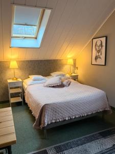 a bedroom with a large bed and a skylight at Dziki Szynk in Brenna