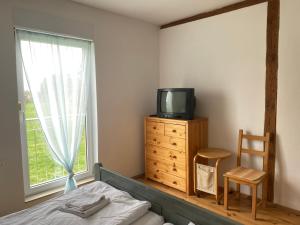 a bedroom with a bed and a television on a dresser at Ferienhaus "Am Wald" in Behrenwalde
