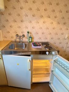 a small kitchen with a sink and a sink at Ferienwohnung Graureiher in Marlow +2 photos