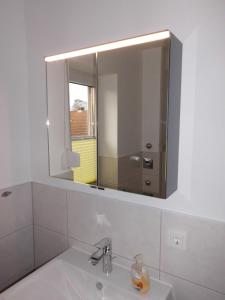 baño con espejo y lavabo en Ferienwohnung am Selenter See, en Selent