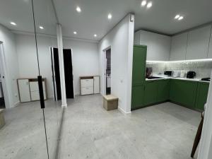 a large kitchen with green cabinets and appliances at Modern apartment in Yerevan