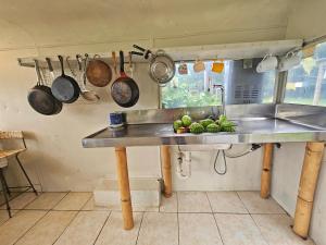 a kitchen with a sink with a bunch of vegetables at Akerama farm stay in Hukerenui