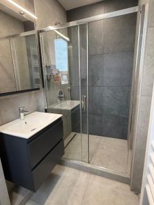 a bathroom with a glass shower and a sink at K&T Apartman in Szentendre