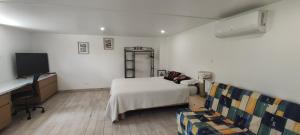 a bedroom with a bed and a tv and a couch at La belle étape in Montbrison