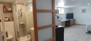 a room with a bathroom with a toilet and a kitchen at La belle étape in Montbrison