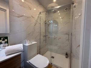 a bathroom with a toilet and a glass shower at Villa Matriz Suite Apartment in Caminha +14 photos