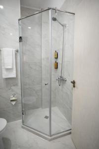a shower with a glass door in a bathroom at DreamSide Aparthotel in Batumi +4 photos