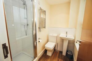 a bathroom with a toilet and a shower and a sink at Dalby House in Derby +9 photos