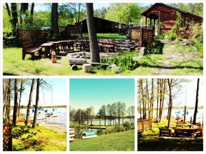 a collage of pictures of a park with a picnic table at Przystań Jaskółka in Ruciane-Nida
