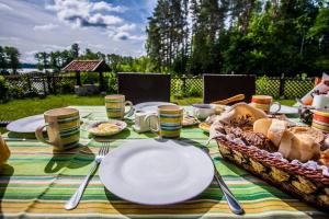 a picnic table with plates and a basket of food at Przystań Jaskółka in Ruciane-Nida