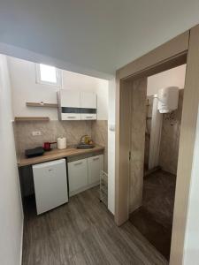 a small kitchen with white cabinets and a sink at Apartman Milanović in Pribojska Banja