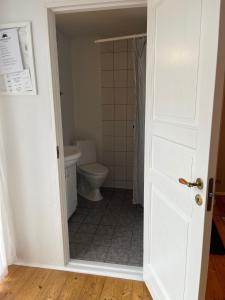 a bathroom with a toilet and a white door at Rinkenæshus Das Grosses Zimmer in Gråsten