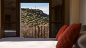 a bedroom with a view of a vineyard through a window at Casa Olea in Priego de Córdoba