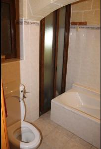 a bathroom with a toilet and a bath tub at Shamrock House in Qala
