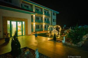 a building with lights in front of it at night at Pensiunea Aura Deltei in Murighiol