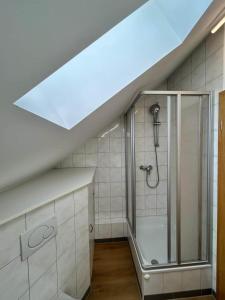 a attic bathroom with a shower with a glass door at Halleluja mit Burgblick in Hellenthal