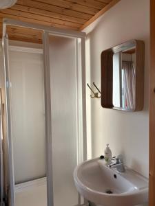 a bathroom with a sink and a shower with a mirror at Helligvær Kystopplevelser AS in Helligvær