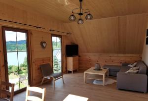 a living room with a couch and a tv at Przystań Bieszczady in Zawóz