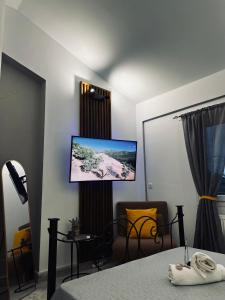 a room with a tv on the wall with a bed at To Balkoni Thanos in Thános