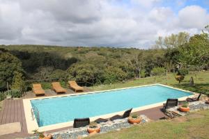 a large swimming pool with lounge chairs at Quinta Da Devesa B1 in Vinhais
