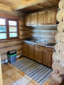 a kitchen with wooden cabinets and a sink at Oksa Puhkemaja in Võru