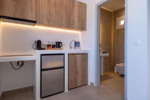 a small kitchen with a counter and a sink at Aqua Cozy Suites in Perissa