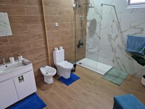 a bathroom with a toilet sink and a shower at Casa Vanda, Machico in Machico