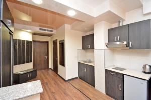 a kitchen with black cabinets and wooden floors at Partez Hotel in Yerevan