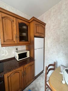 a kitchen with a white refrigerator and a microwave at Rúa da Igrexa Miño in Miño