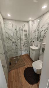 a bathroom with a shower and a toilet and a sink at Mały Domek in Szczecinek
