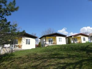 a group of houses on a grassy hill at Daskalov Bungalows in Chervena Lokva