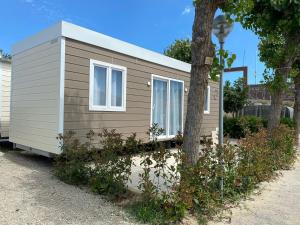 a tiny house sitting next to a tree at Camping 4 Cerchi Ecogreen in Lido di Fermo