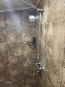a shower in a bathroom with a tiled wall at Kotedža Tīkli in Bigauņciems +33 photos