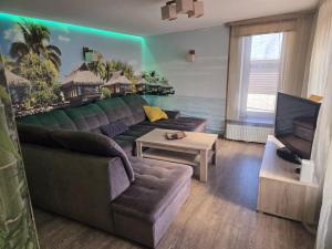 a living room with a couch and a television at Kotedža Tīkli in Bigauņciems