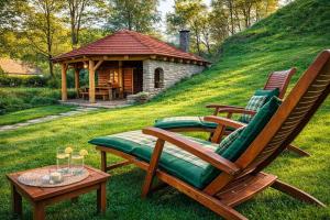 two rocking chairs and a table with a gazebo at Chata Škerda - Zuberec in Zuberec