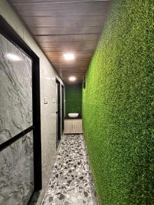 a bathroom with a green wall with a toilet at Lucky beds pg and hostel in Mumbai +3 photos