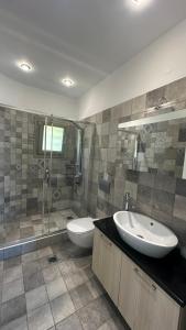 ein Badezimmer mit Waschbecken, Toilette und Dusche in der Unterkunft Ocean views in Plataria + 9 Fotos