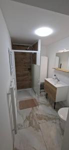 a bathroom with a shower and a sink and a toilet at L'Escale Chaunoise in Chauny