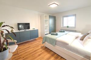 a bedroom with a large bed and a tv at Red Maple Apartments in Maribor